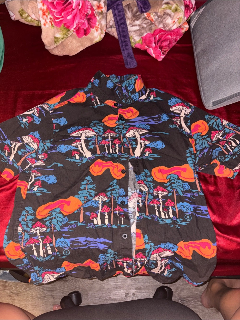 Neff Black Button-Down Shirt with Orange, Blue and Red Mushroom Print